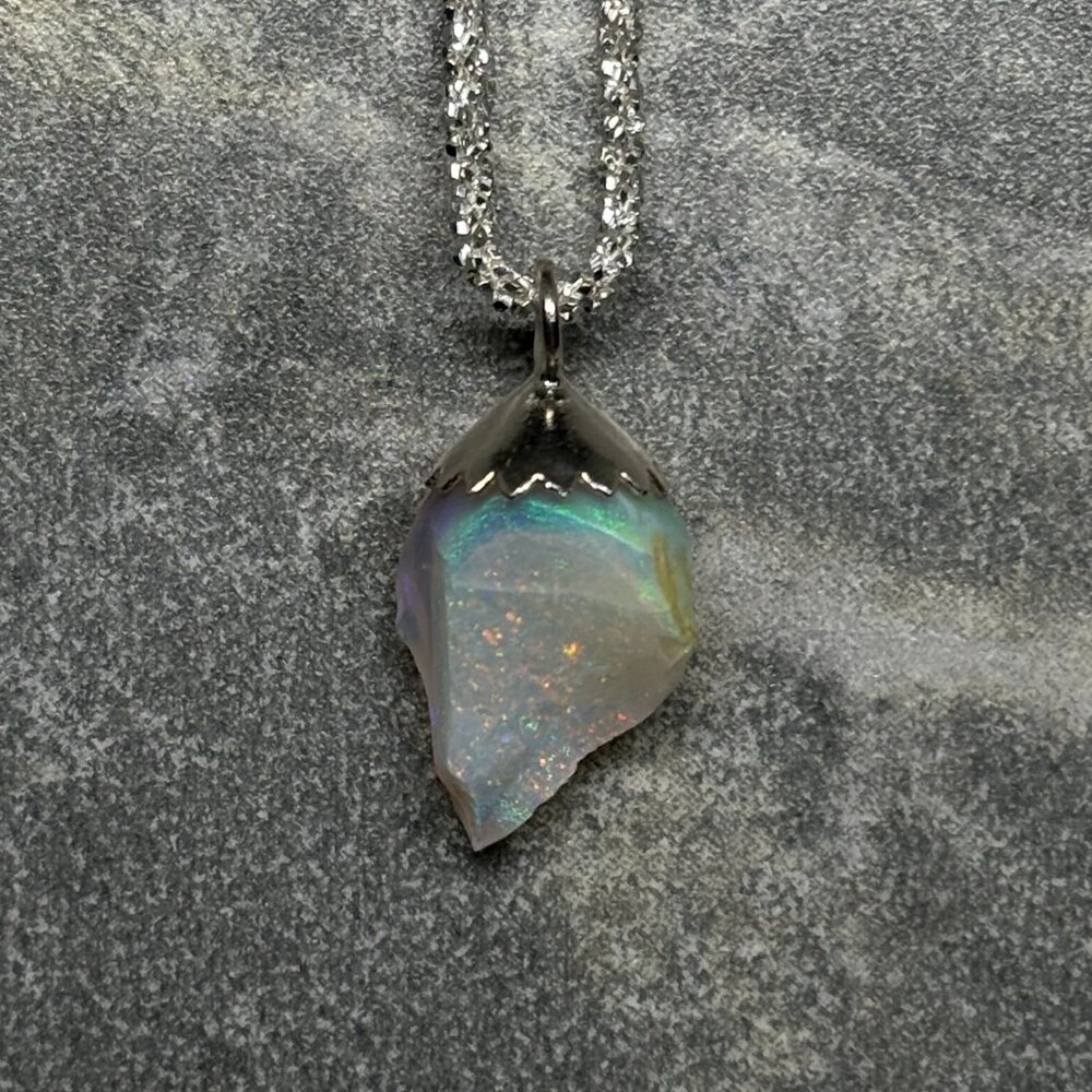 Raw Polished Pinfire Australian Coober Pedy Silver Pendant Cap Opal Necklace